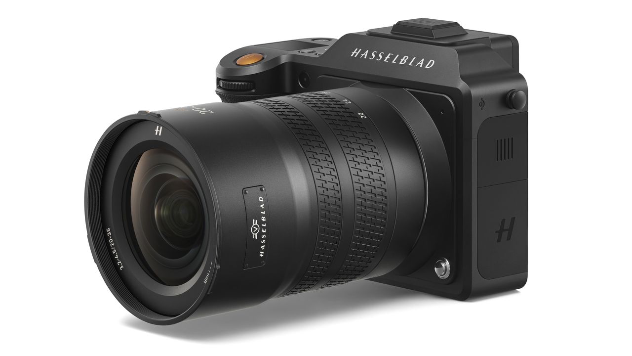 Hasselblad XCD 20-35E lens, mounted to a Hasselblad X2D, against a white background