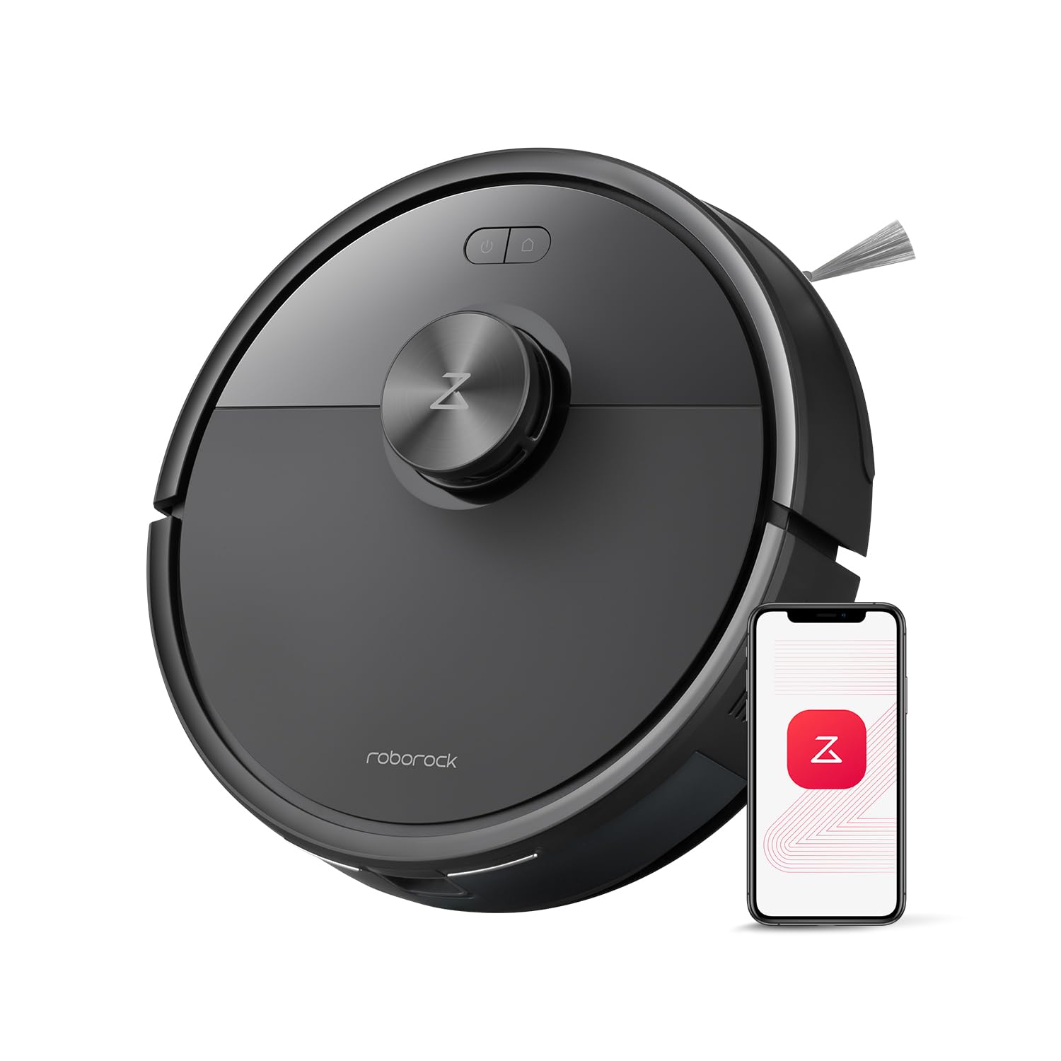Roborock Q7 M5 and smartphone against white background.