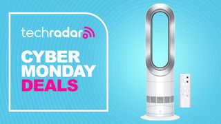 The Dyson AM09 fan heater is pictured alongside its remote. To the left, text reads: TechRadar Cyber Monday deals.