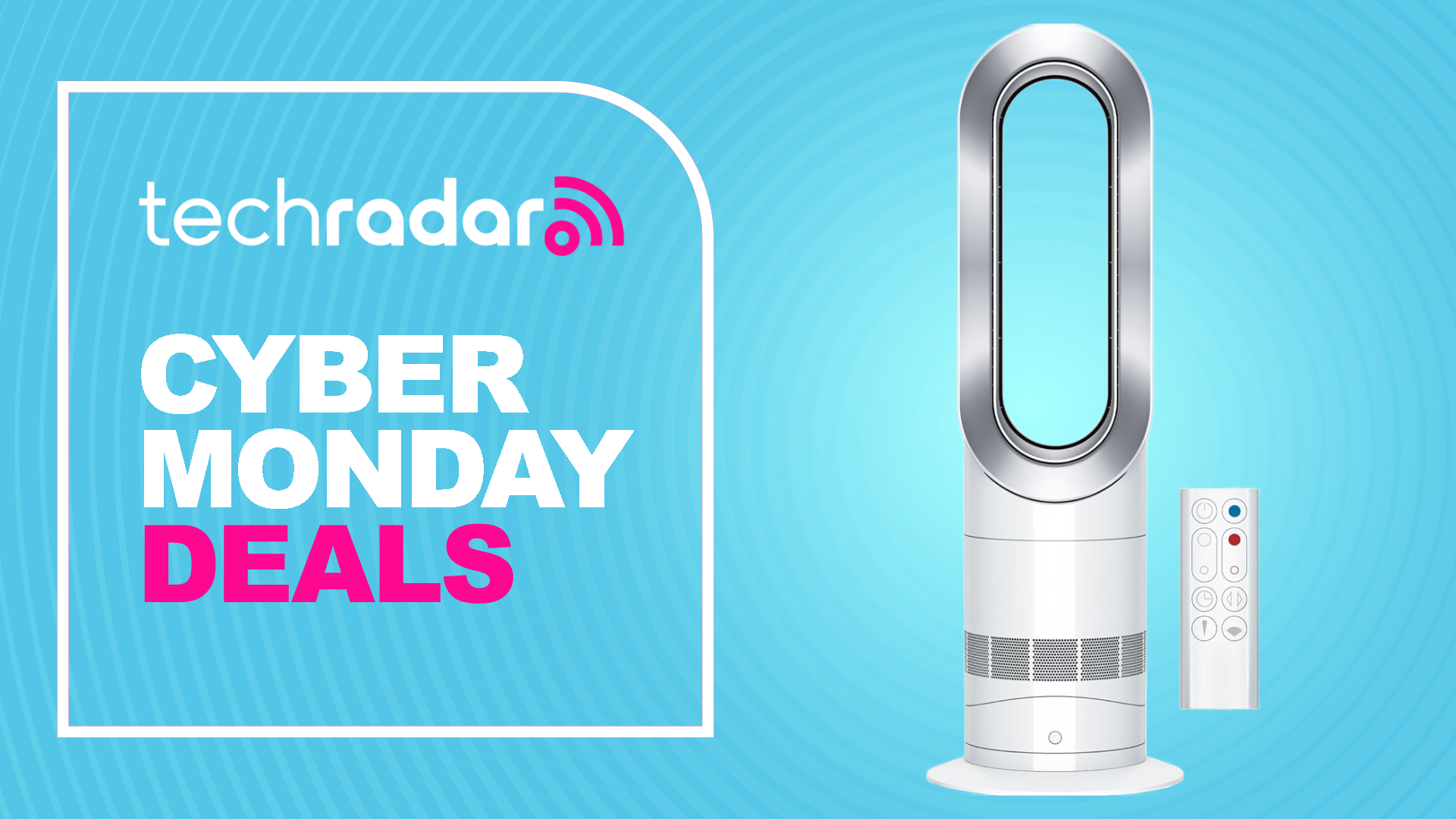 The Dyson AM09 fan heater is pictured alongside its remote. To the left, text reads: TechRadar Cyber Monday deals.