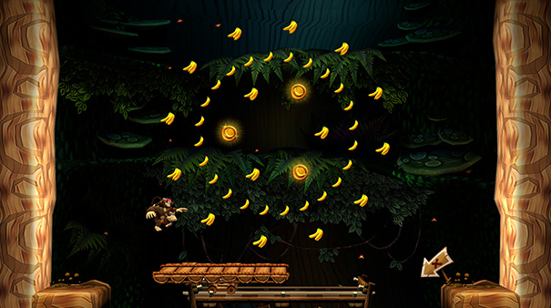 A screenshot from a secret banana level in Donkey Kong Country Returns HD