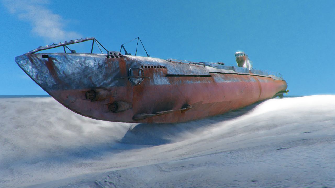 The wreck of the Japanese I-124 submarine, shown here in an artist's reconstruction, lies on the seafloor about 50 nautical miles northwest of the Australian city of Darwin.