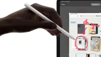 Hand using Apple Pencil to draw on a computer screen