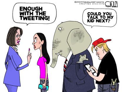 Political Cartoon U.S. Pelosi AOC No Tweeting GOP Trump Kids
