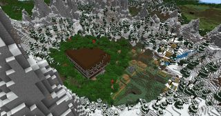 Minecraft seeds - a snowy mountain rings a grass valley with a woodland mansion and a village nearby