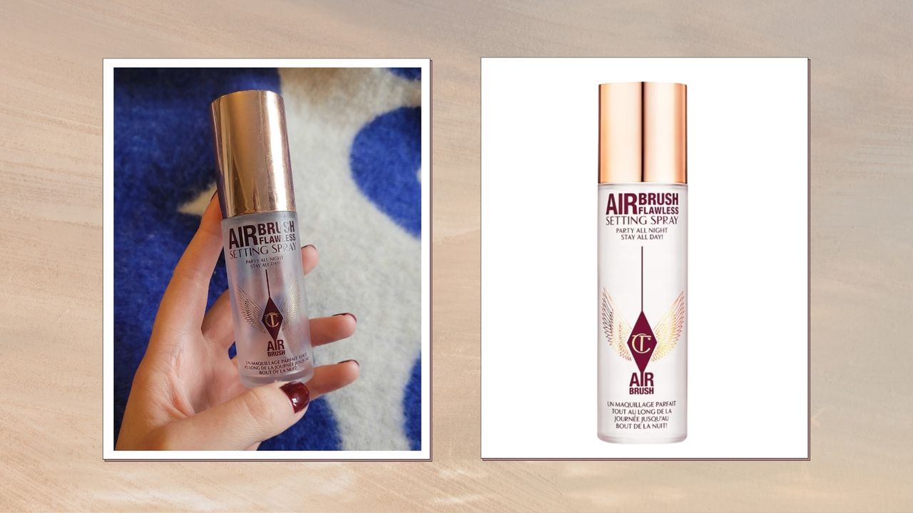 An image of beauty writer, Naomi Jamieson&#039;s hand, holding charlotte tilbury setting spray with a blue and white backdrop next to an image of a bottle of charlotte tilbury setting spray on a white background