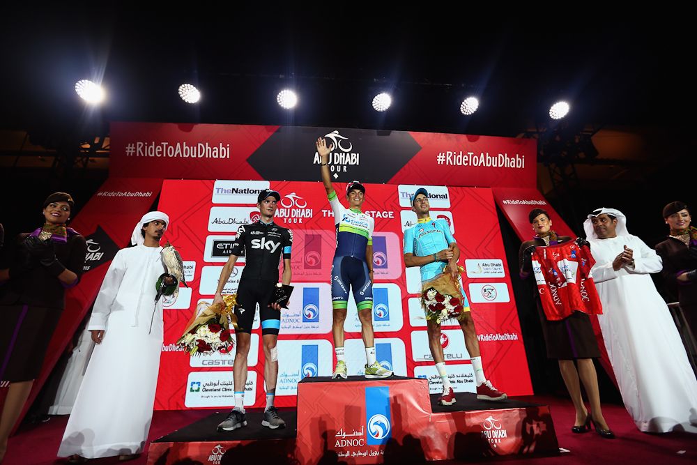 Wout Poels, Esteban Chaves and Fabio Aru on the final 2015 Abu Dhabi Tour podium.
