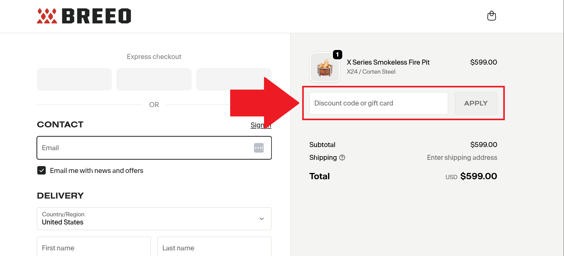 A screenshot of the Breeo checkout page showing where to enter a Breeo promo code