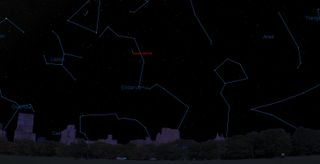 This sky map shows the location of Comet Lovejoy (C/2014 Q2) at 12 a.m. on Jan. 6, 2015 in the southwestern night sky as seen from mid-northern latitudes. Sky map provided by Starry Night Software.