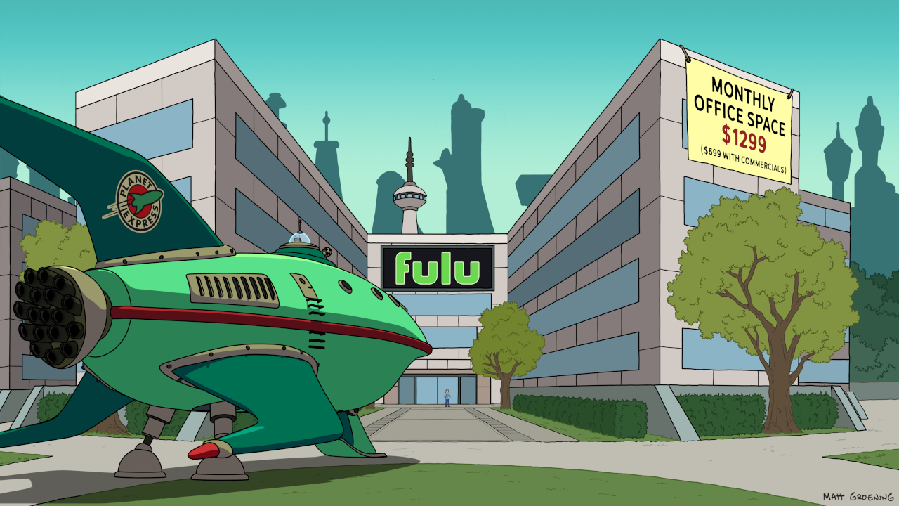 Planet Express gemisi Fulu'nun Futurama'daki ofisinin önüne park etti.