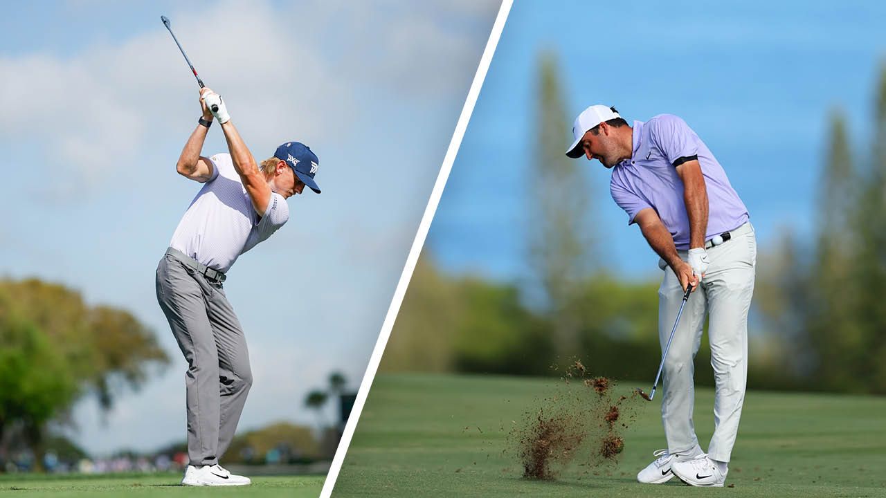 Golf Swing Timing Drills: Jake Knapp (left) and Scottie Scheffler (right) hitting iron shots on the golf course