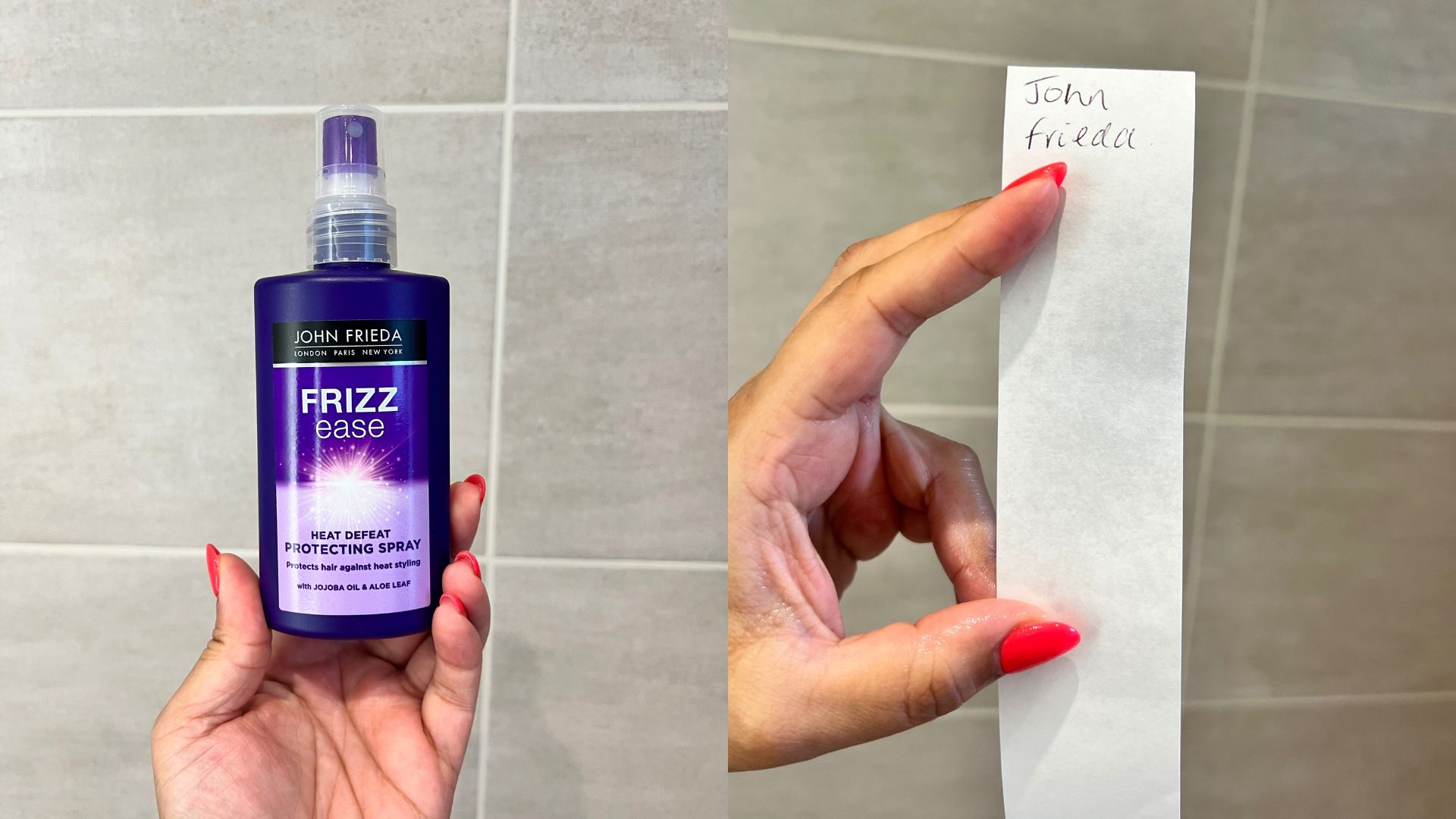John Frieda Frizz Ease Heat Defeat Protecting Spray next to a paper strip showing the texture of the formula