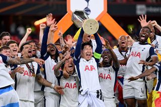 Tottenham lift the Europa League trophy after defeating Manchester United 1-0 in Bilbao, May 2025