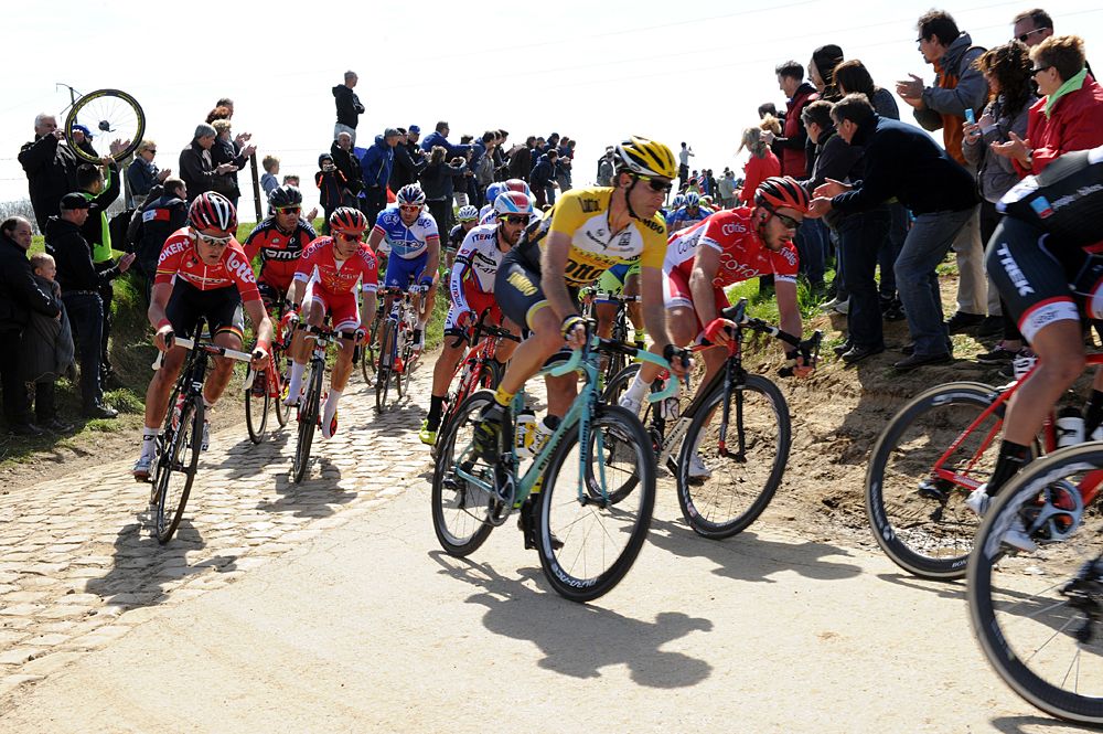 The pack rides during the 113th edition of the Paris-Roubaix