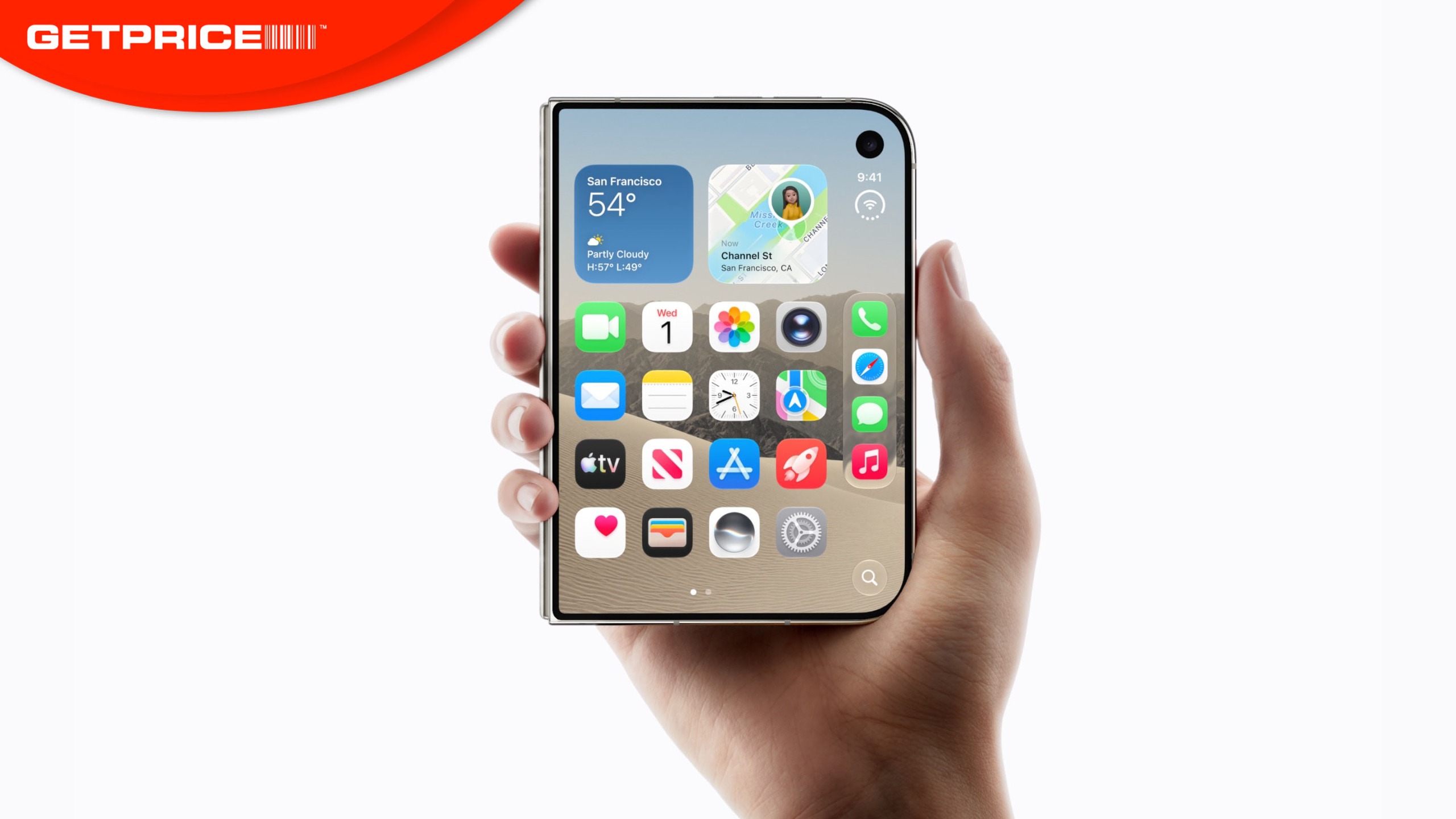 White background with a hand holding the iPhone Duo and red Getprice banner on top left corner