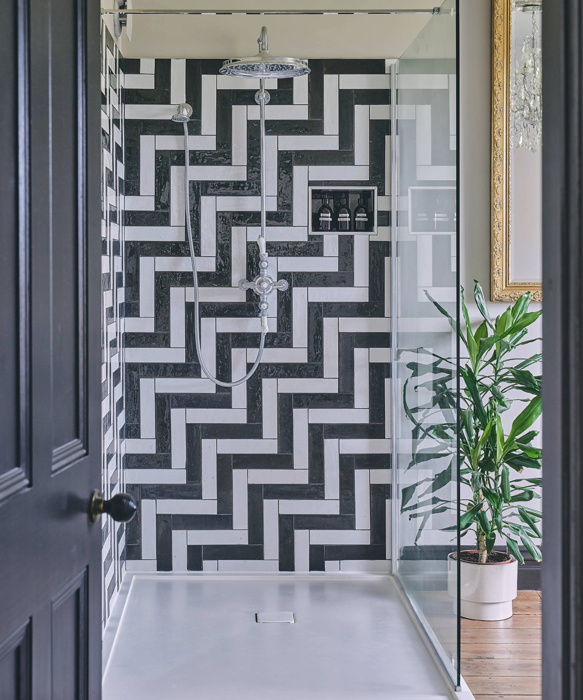 Neutral bathroom with grey door opening onto shower with black and white zigzag tiling