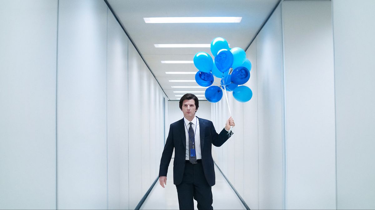 Mark (Adam Scott) holding blue balloons in &quot;Severance&quot; season 2