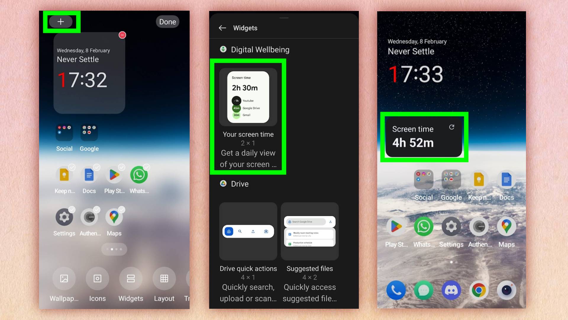Скриншот телефона Android.  Пользователь добавляет виджет экранного времени на домашний экран Android.