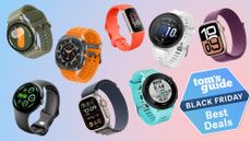 12 different smartwatches, including Garmins, Fitbits and Apple Watches, floating on a colorful background next to a Tom's Guide Black Friday Deals badge