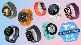 12 different smartwatches, including Garmins, Fitbits and Apple Watches, floating on a colorful background next to a Tom's Guide Black Friday Deals badge