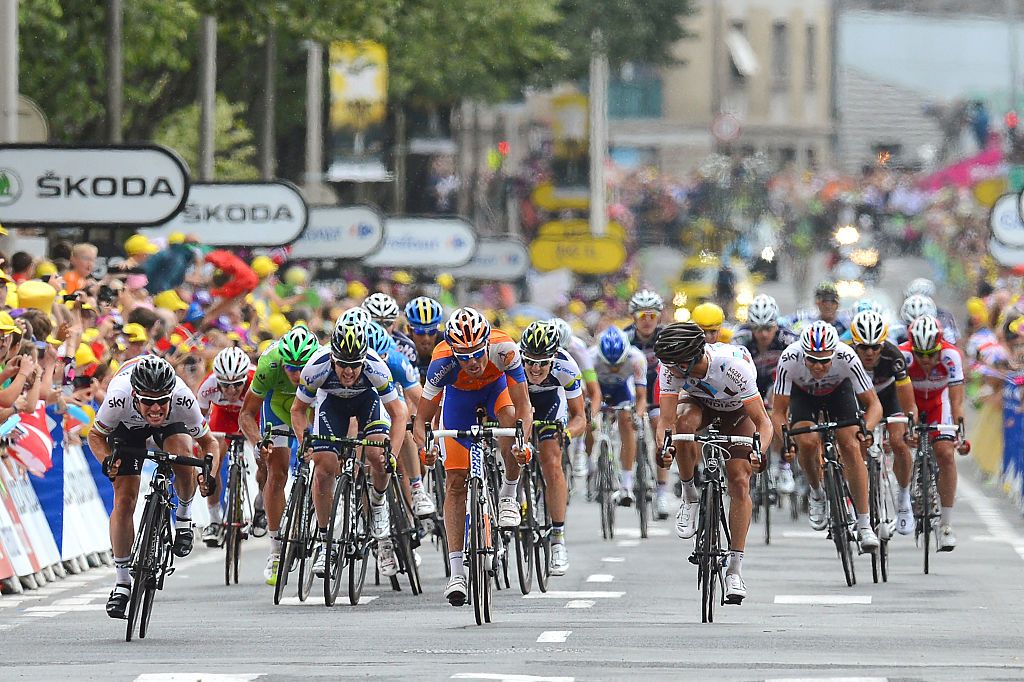 Cycling : 99th Tour de France 2012 / Stage 18
Arrival Sprint / Mark Cavendish (GBr)/ Matthew Harley Goss (Aus)/ Tyler Farrar (USA)/ Luis Leon Sanchez Gil (Spa)/ Peter Sagan (Svk) Green Jersey /
Blagnac - Brive-La-Gaillarde (222,5Km)/
Ronde van Frankrijk TDF / Rit Stage /(c)Tim De Waele
