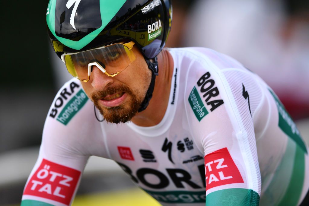 LA PLANCHE FRANCE SEPTEMBER 19 Arrival Peter Sagan of Slovakia and Team Bora Hansgrohe during the 107th Tour de France 2020 Stage 20 a 362km Individual Time Trial stage from Lure to La Planche Des Belles Filles 1035m ITT TDF2020 LeTour on September 19 2020 in La Planche France Photo by Stuart FranklinGetty Images