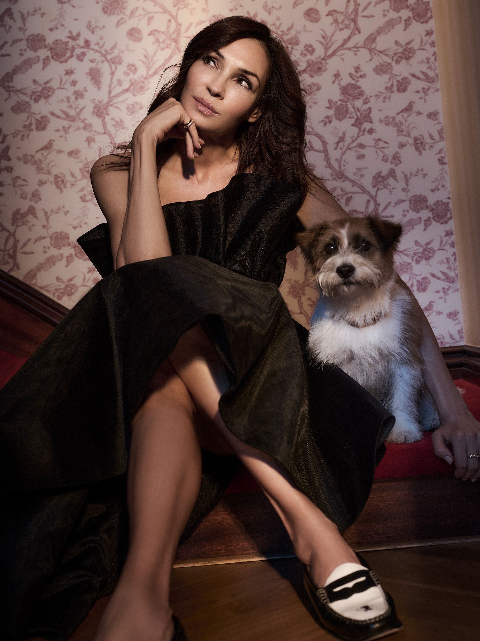 Promo image of Famke Janssen for her Netflix shoe Amsterdam Empire. SHe is sitting on stairs in front of a wallpapered background. She is wearing an off the shoulder black dress with black and white tuxedo penny loafers. Sitting next to her is a dog that her character in the show owns.