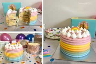 A collage of images showing M&S Under the Rainbow Cake being cut to reveal rainbow buttercream and vanilla sponge