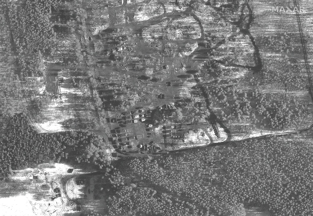 This image, snapped on Feb. 22, 2022, by Maxar’s Worldview-1 satellite, shows troop tents and a housing area at Pochep, Russia.