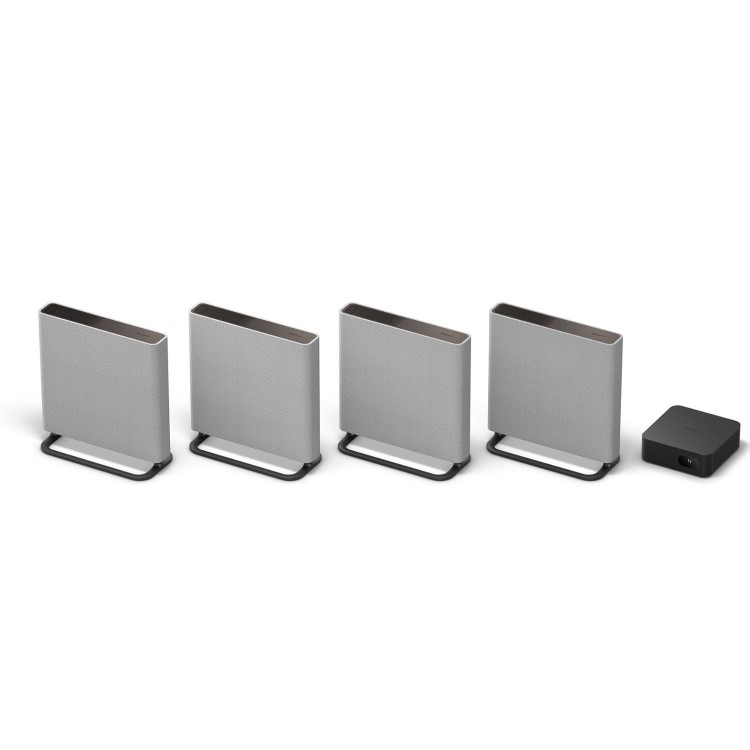 Sony Bravia Theatre Quad speakers in a line on a white background