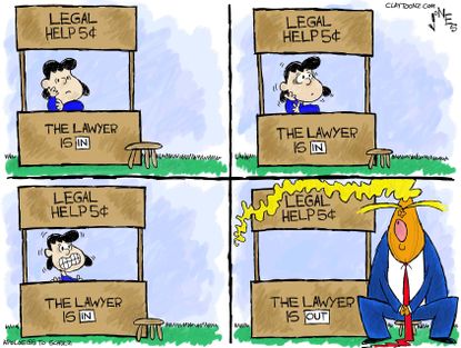 Political cartoon U.S. Peanuts Lucy Trump lawyers Stormy Daniels affair allegations obstruction of justice