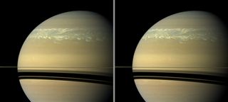 These two natural color views taken 11 hours -- one Saturn day -- apart on Feb. 23, 2011 by NASA's Cassini spacecraft help scientists measure wind speeds in the huge storm seen here in the planet's northern hemisphere.