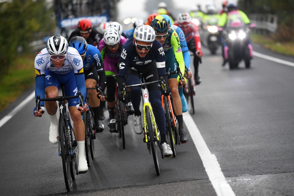 ASTI ITALY OCTOBER 23 Iljo Keisse of Belgium and Team Deceuninck QuickStep Lachlan Morton of Australia and Team EF Pro Cycling Breakaway during the 103rd Giro dItalia 2020 Stage 19 a 1245km stage from Abbiategrasso to Asti Stage shortened due to heavy rain girodiitalia Giro on October 23 2020 in Asti Italy Photo by Tim de WaeleGetty Images