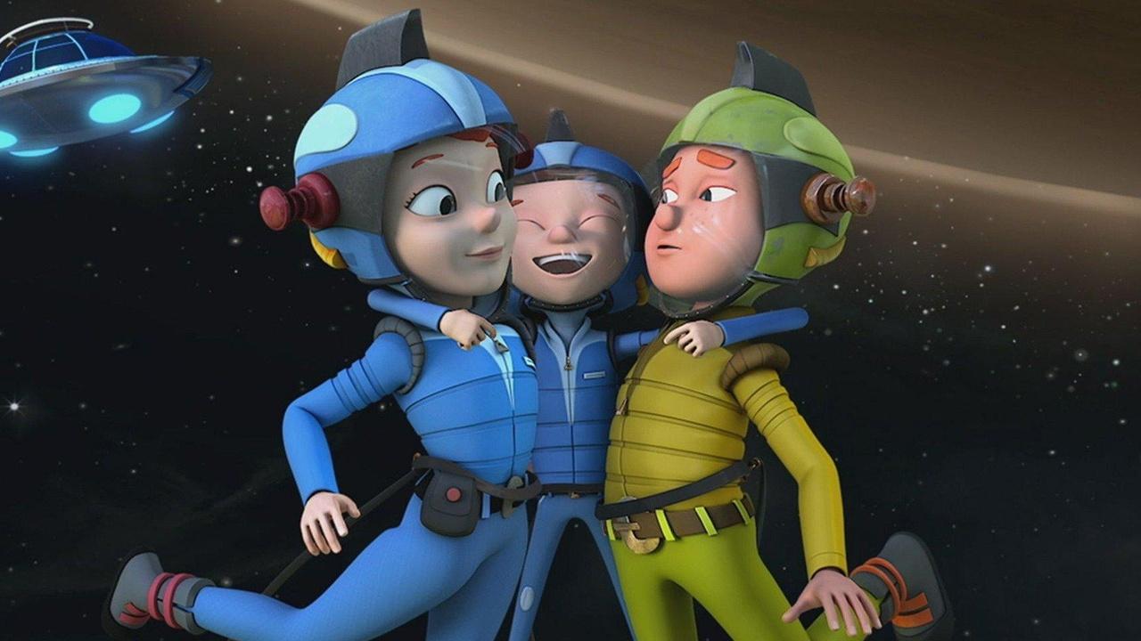 three cartoon characters in spacesuits share a hug