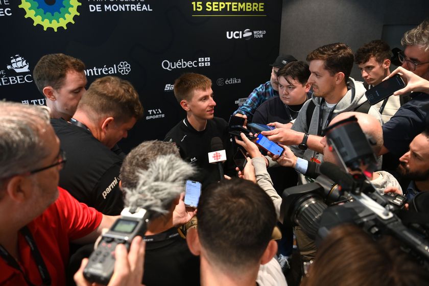 QUEBEC CITY, QUEBEC - SEPTEMBER 11: Tadej Pogacar of Slovenia and UAE Team Emirates meets the media press during the Top Riders Press Conference prior to the 13th Grand Prix Cycliste de Quebec &amp; Montreal 2024 / #UCIWT / on September 11, 2024 in Quebec City, Quebec. (Photo by Alex Broadway/Getty Images)