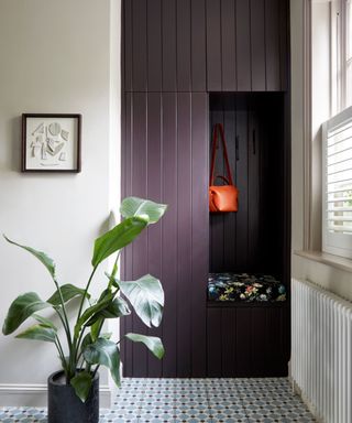 corner of room with purple panelled storage cabinetry, white wall, plant and tiled floor