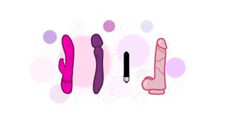 Illustration of sex toys, including a rabbit vibrator, wand, bullet, and dildo
