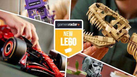 The Knight Bus, T.rex Skeleton, AT-AT Driver Helmet, and Ferarri F1 Technic set divided by white lines, with a yellow GamesRadar+ 'new Lego' badge in the middle.