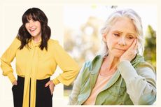 A photo with a cut out of Anna Richardson with a sad looking older woman alone