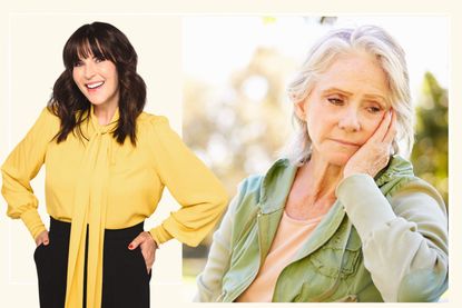 A photo with a cut out of Anna Richardson with a sad looking older woman alone
