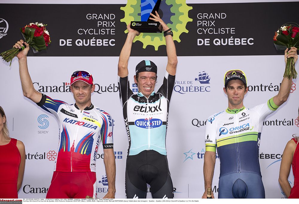 Rigoberto Uran (Etixx-QuickStep), Michael Matthews (Orica-GreenEdge), Alexander Kristoff (Katusha) final podium at the Grand Prix Cycliste de Quebec