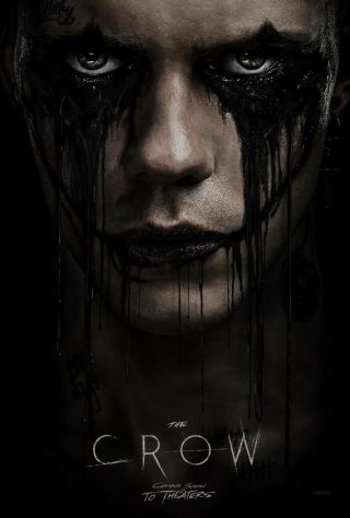 Bill Skarsgard, pictured with black tears, on The Crow's first poster.