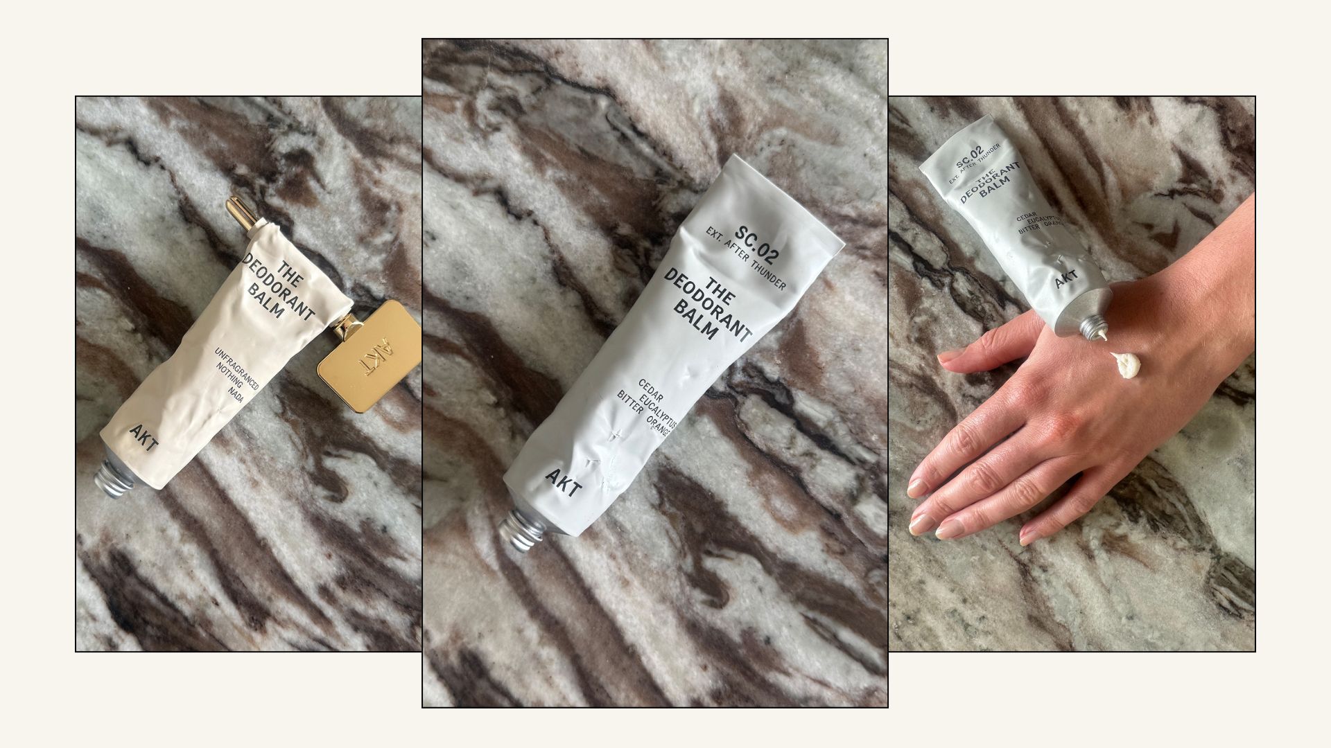 Collage of pictures of the AKT deodorant balm, featuring the No Notes and After Thunder scents