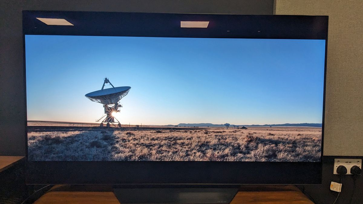 LG B3 OLED TV with satellite dish in desert on screen 