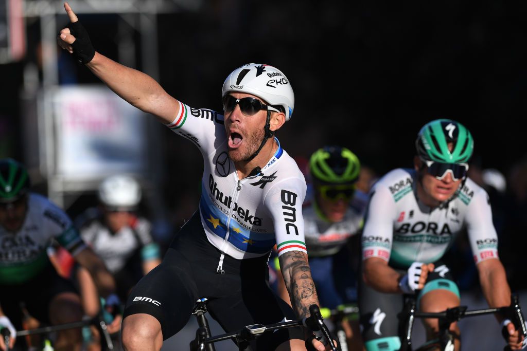 ROQUETAS DE MAR SPAIN FEBRUARY 14 Arrival Giacomo Nizzolo of Italy and Team Team Qhubeka Assos Celebration during the 34th Clsica de Almeria 2021 a 1833km race from Pueblo de Vicar to Roquetas de Mar ClasicaAlmeria21 on February 14 2021 in Roquetas de Mar Spain Photo by Tim de WaeleGetty Images