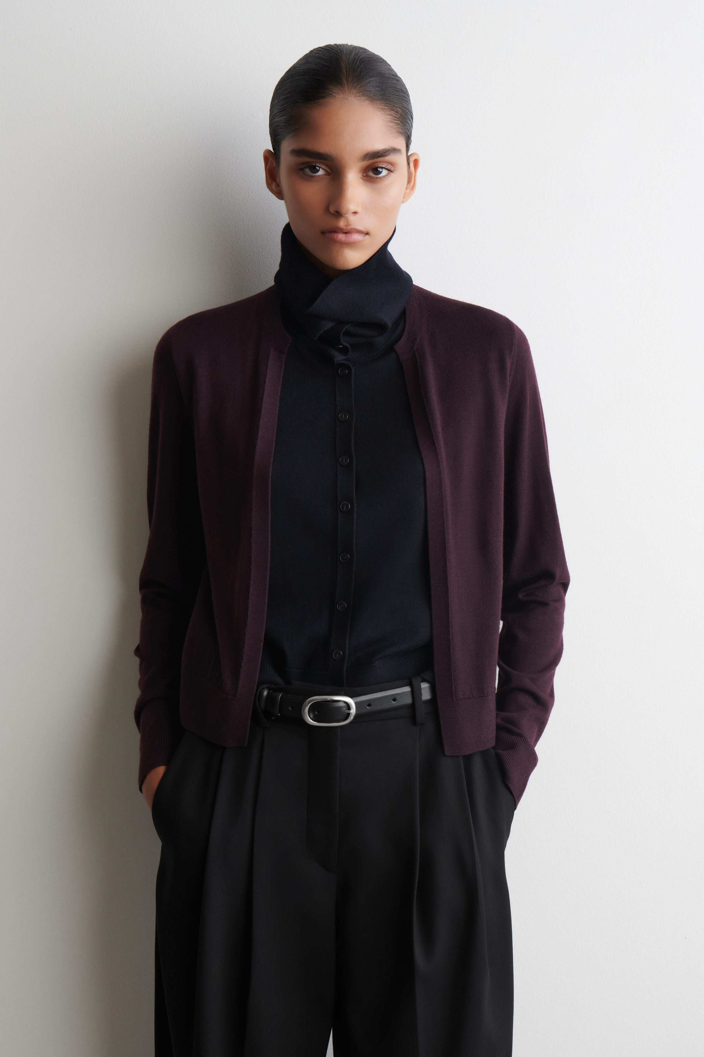 Layered Merino Wool High-Neck Cardigan