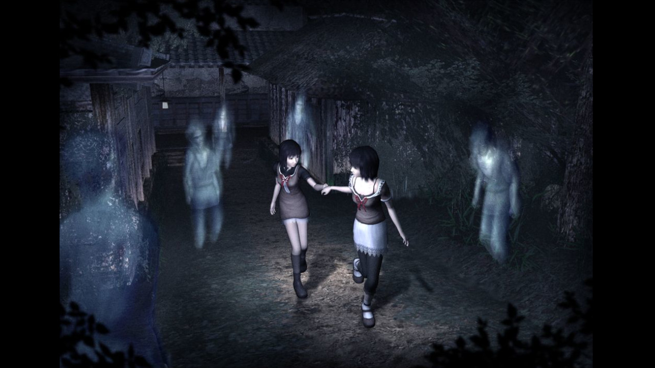 The twins explore the village as ghosts closing in Fatal Frame 2: Crimson Butterfly, holding hands