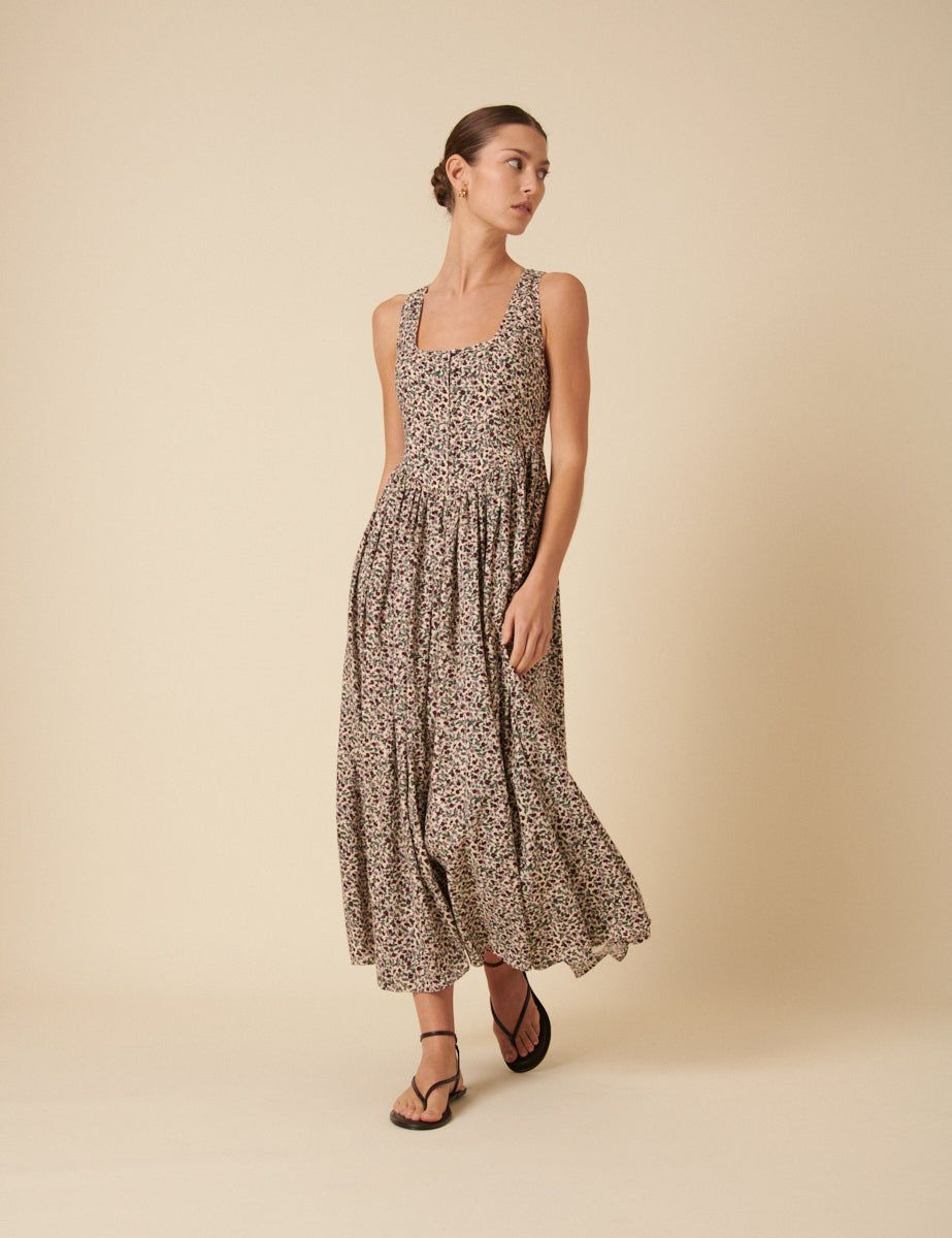 Cream Ditsy Floral Linen-Blend Cora Midi Dress