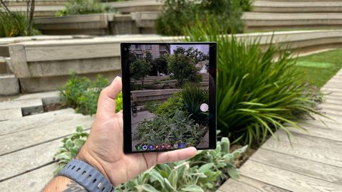 Samsung Galaxy Z Fold 6 foldable smartphone in hand unfolded showing image of plants also in background