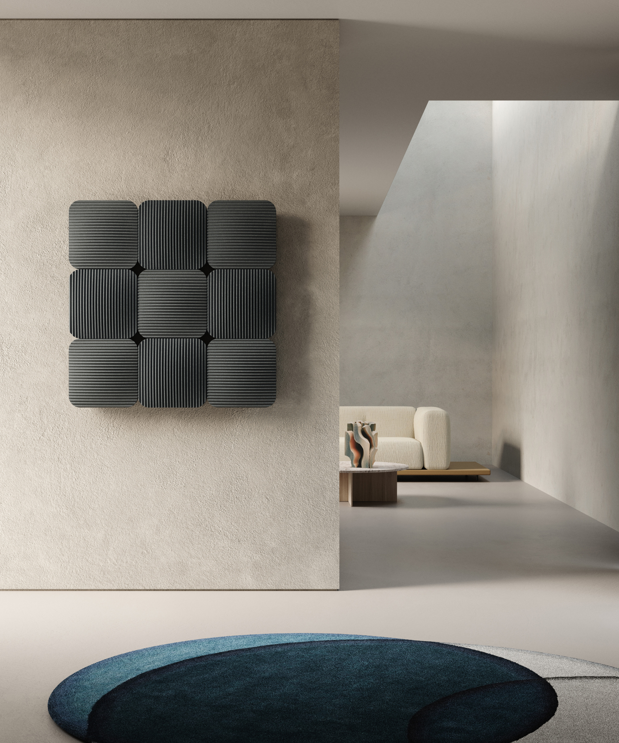 designer grey square radiator on wall of modern living room